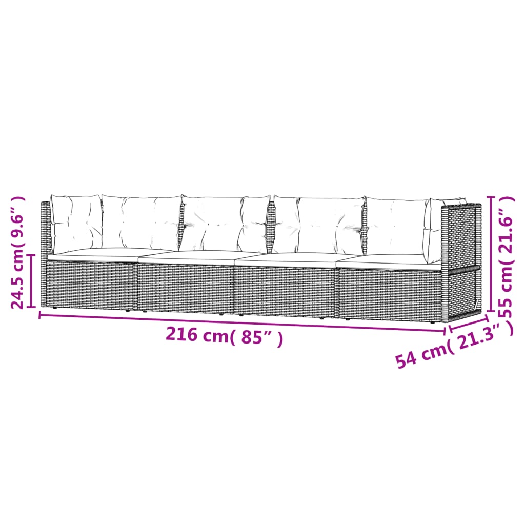 vidaXL 4 pcs conjunto lounge de jardim c/ almofadões vime PE cinzento