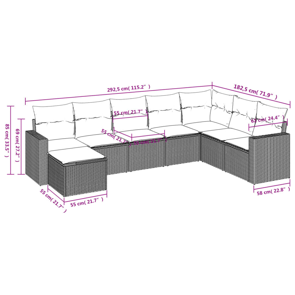 vidaXL 8 pcs conjunto de sofás p/ jardim com almofadões vime PE bege