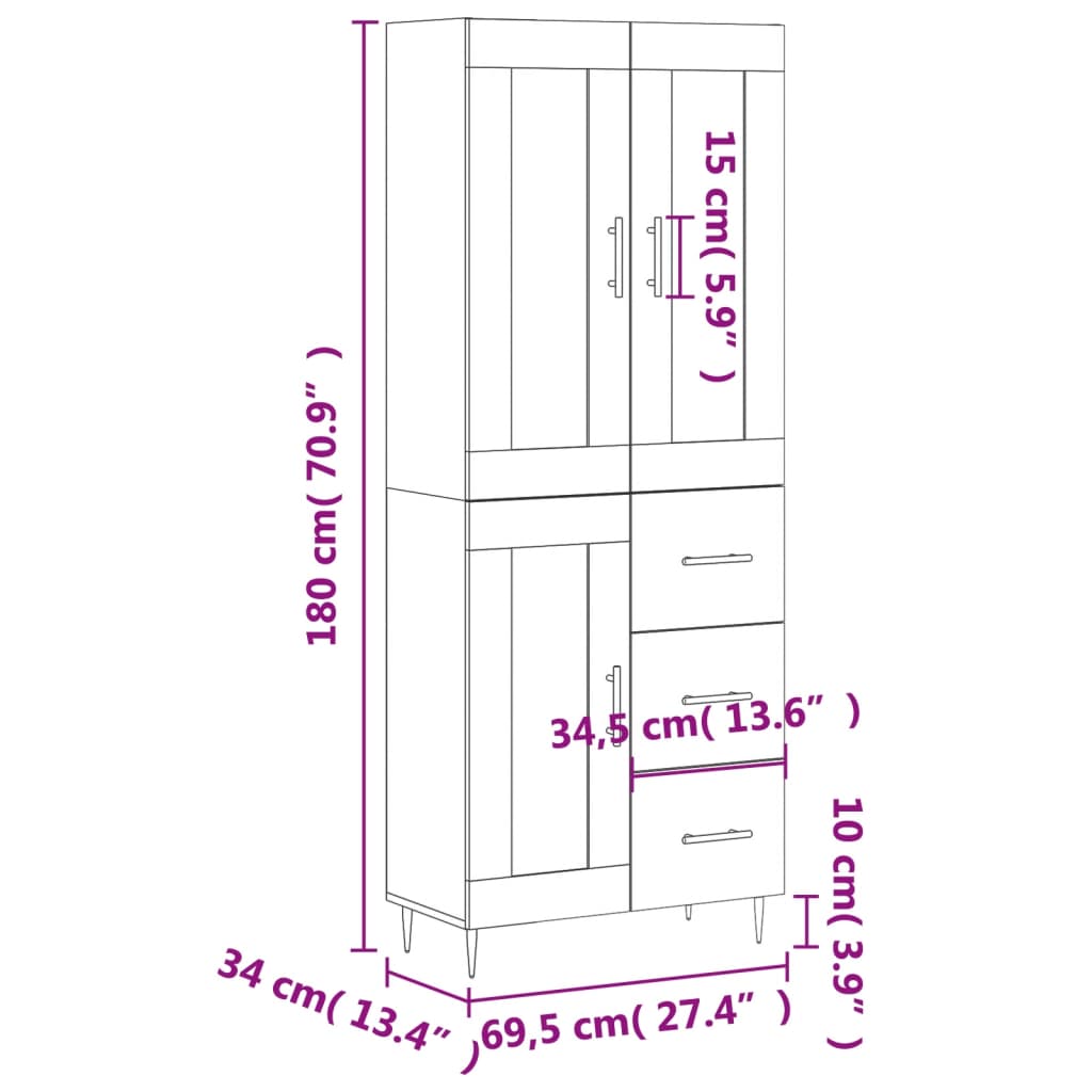 vidaXL Armário alto 69,5x34x180 cm derivados de madeira branco