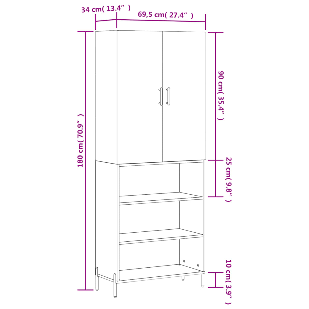 vidaXL Armário alto 69,5x34x180 cm derivados de madeira sonoma cinza