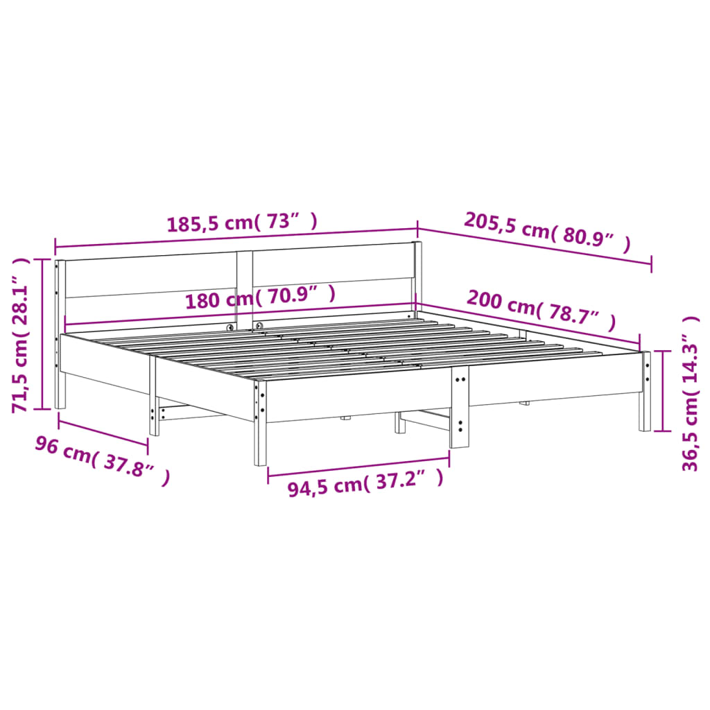 vidaXL Cama sem colchão 180x200 cm madeira de pinho maciça branco