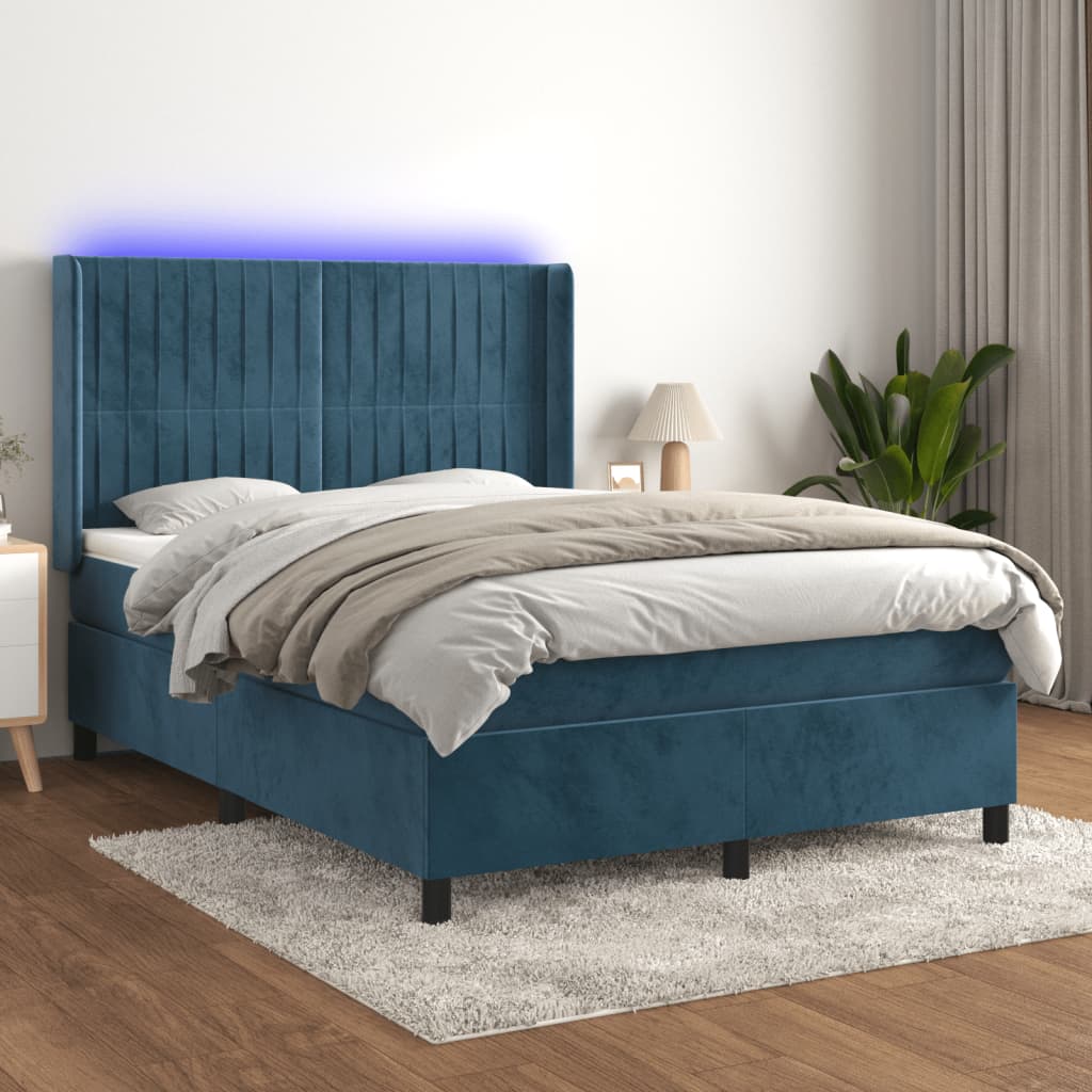 vidaXL Cama box spring c/ colchão/LED 140x190 cm veludo azul-escuro