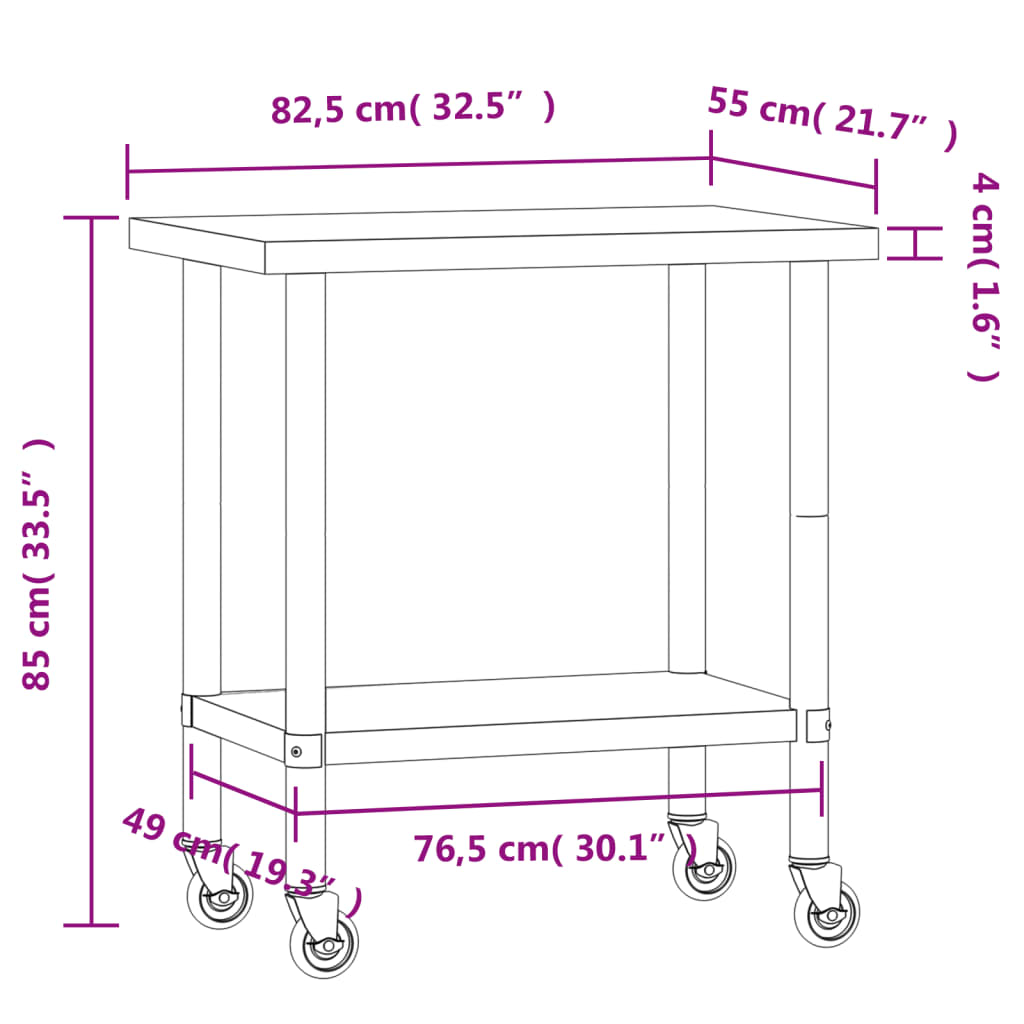 vidaXL Mesa de trabalho de cozinha com rodas 82,5x55x85 cm aço inox.