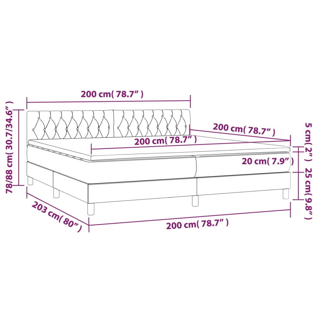 vidaXL Cama box spring c/ colchão/LED 200x200cm tecido castanho-escuro