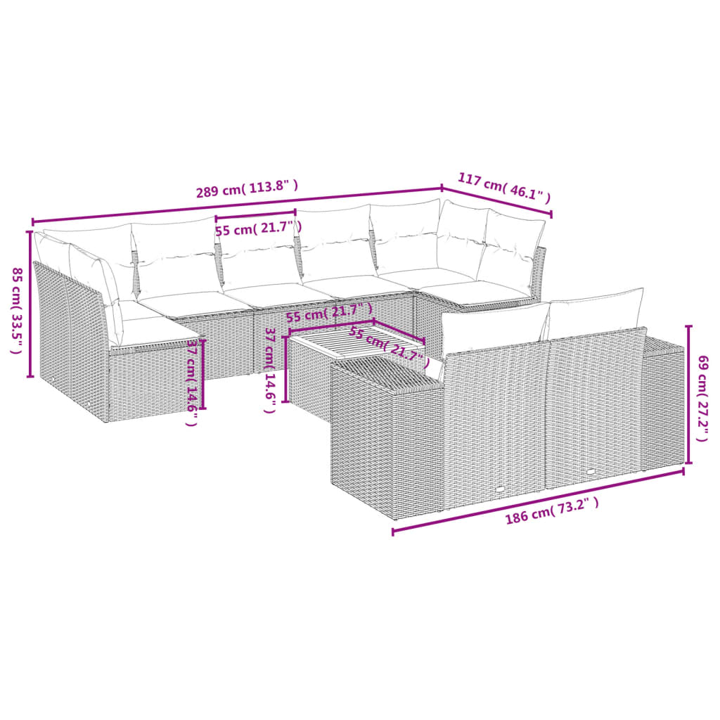 vidaXL 10 pcs conjunto de sofás p/ jardim com almofadões vime PE bege