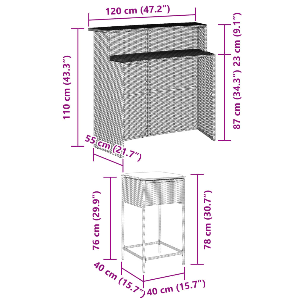 vidaXL 5 pcs conjunto de bar p/ jardim c/ almofadões vime PE cinzento