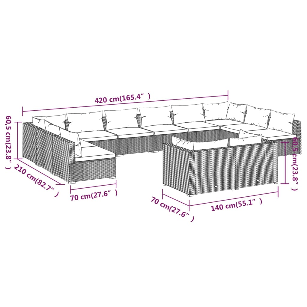 vidaXL 12 pcs conjunto lounge jardim c/ almofadões vime PE castanho