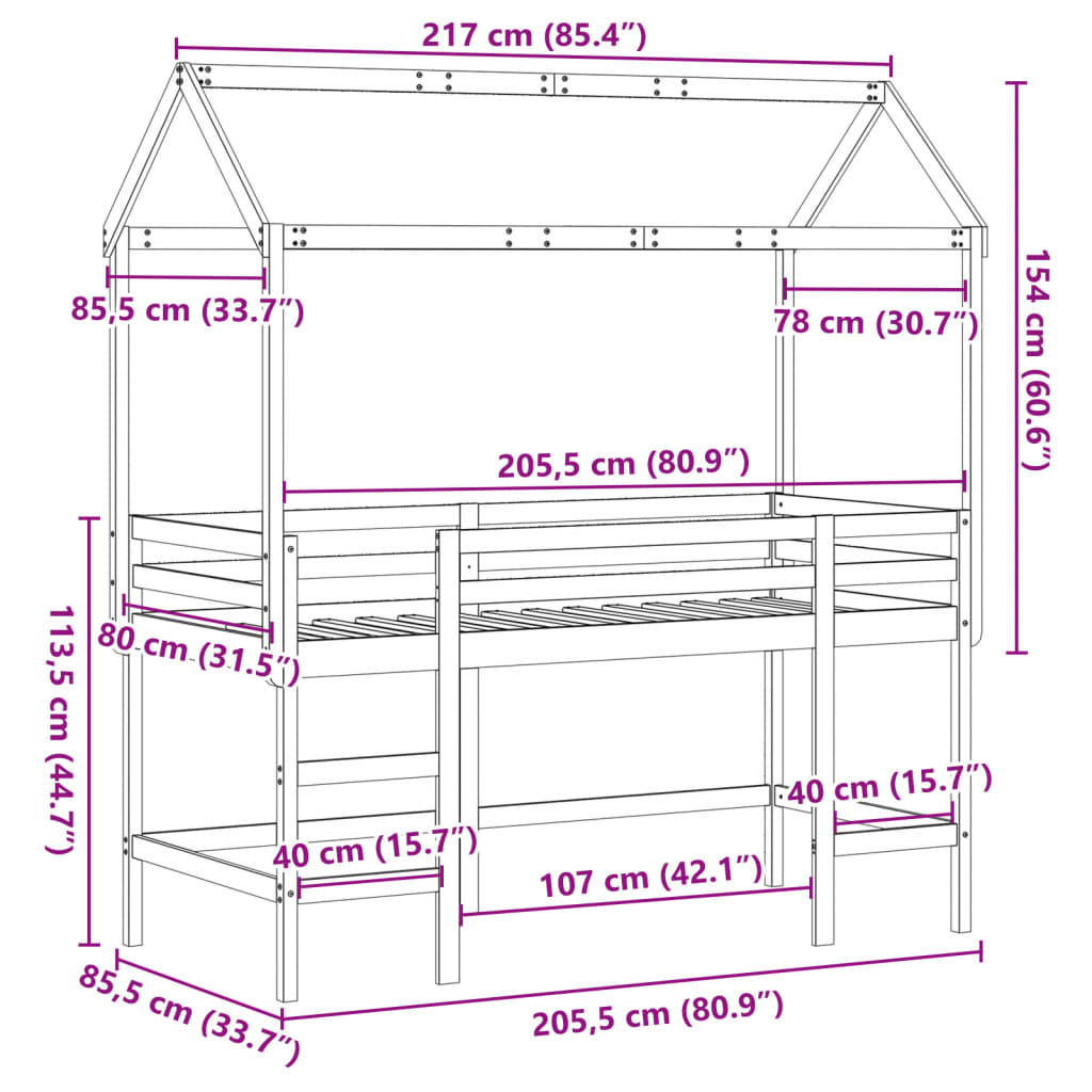 vidaXL Cama alta c/ escada e telhado 80x200 cm pinho maciço branco