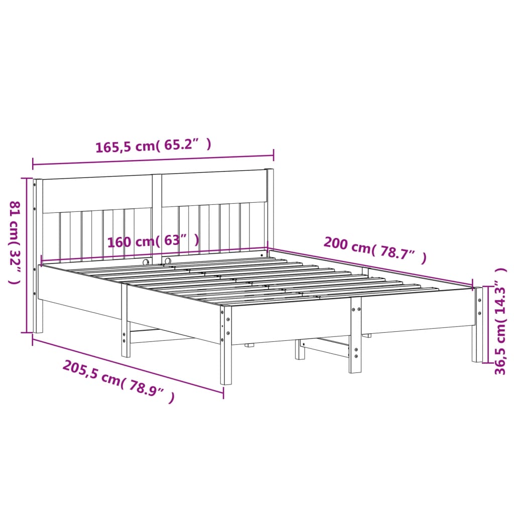 vidaXL Cama sem colchão 160x200 cm madeira pinho maciço castanho-mel