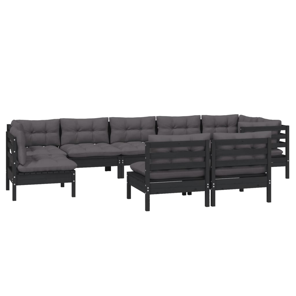 vidaXL 9 pcs conjunto lounge jardim c/ almofadões pinho maciço preto