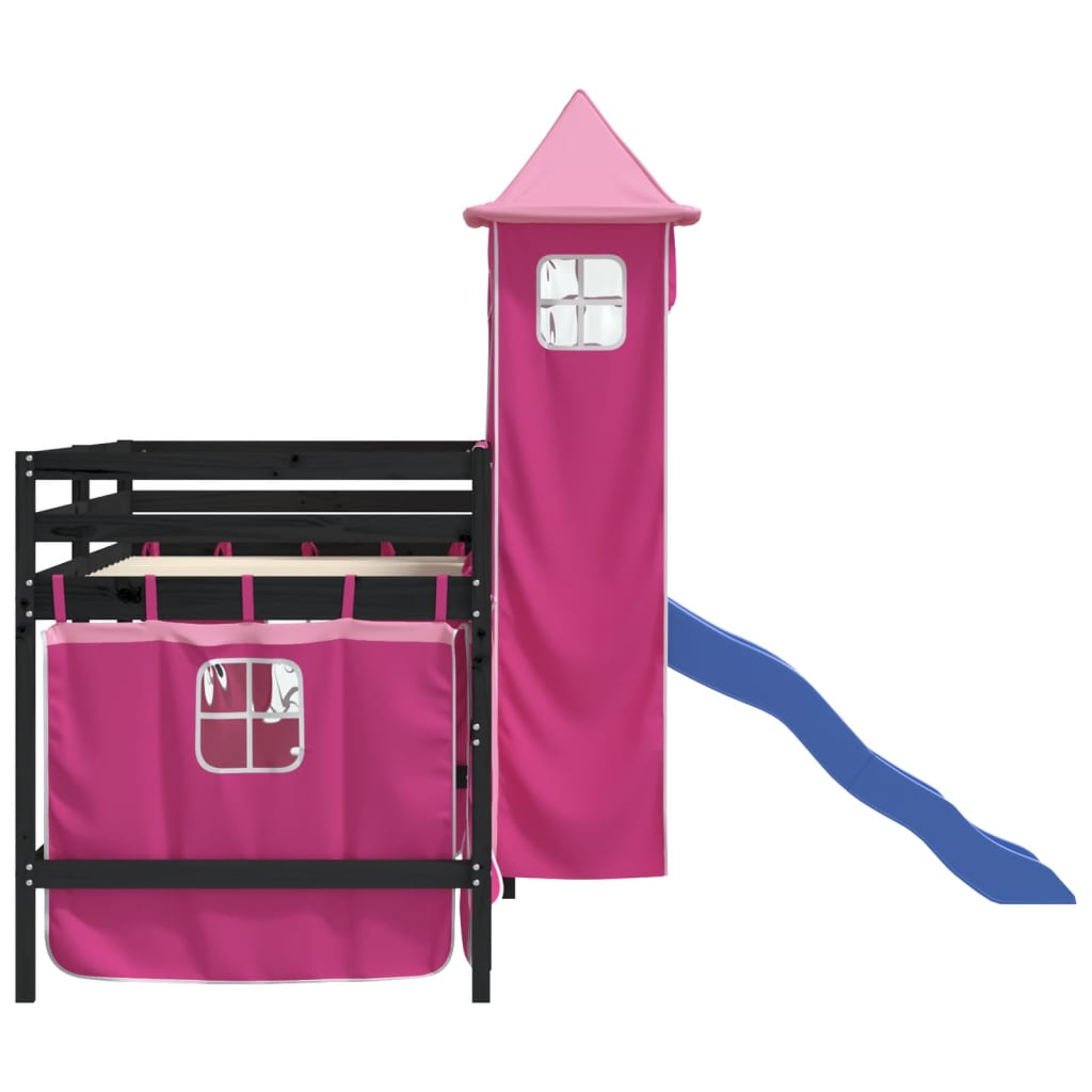 vidaXL Cama alta para criança com torre 90x190 cm pinho maciço rosa