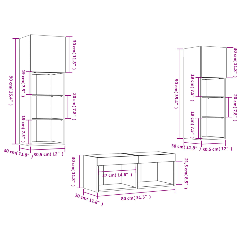 vidaXL 4 pcs móveis de parede para TV com luzes LED cinzento sonoma