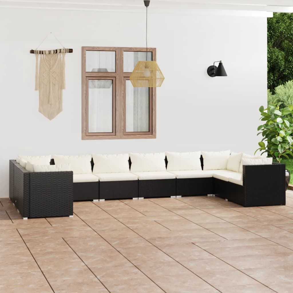 vidaXL 10 pcs conjunto lounge de jardim c/ almofadões vime PE preto