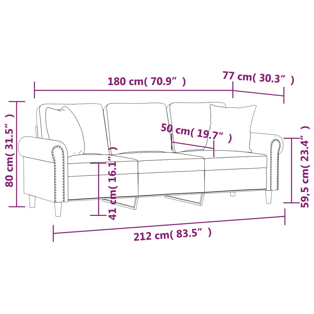 vidaXL Sofá 3 lugares + almofadas decorativas 180cm veludo cinza-claro