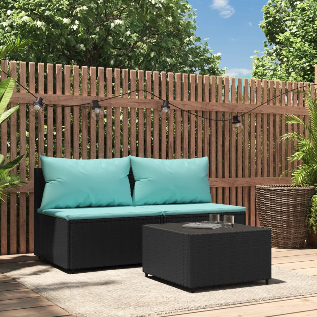 vidaXL 3 pcs conjunto lounge de jardim c/ almofadões vime PE preto