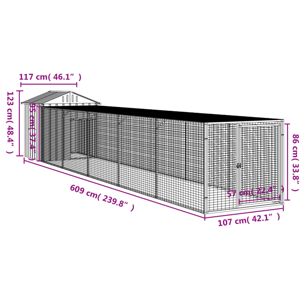 vidaXL Galinheiro com anexo 117x609x123 cm aço galvanizado cinza-claro