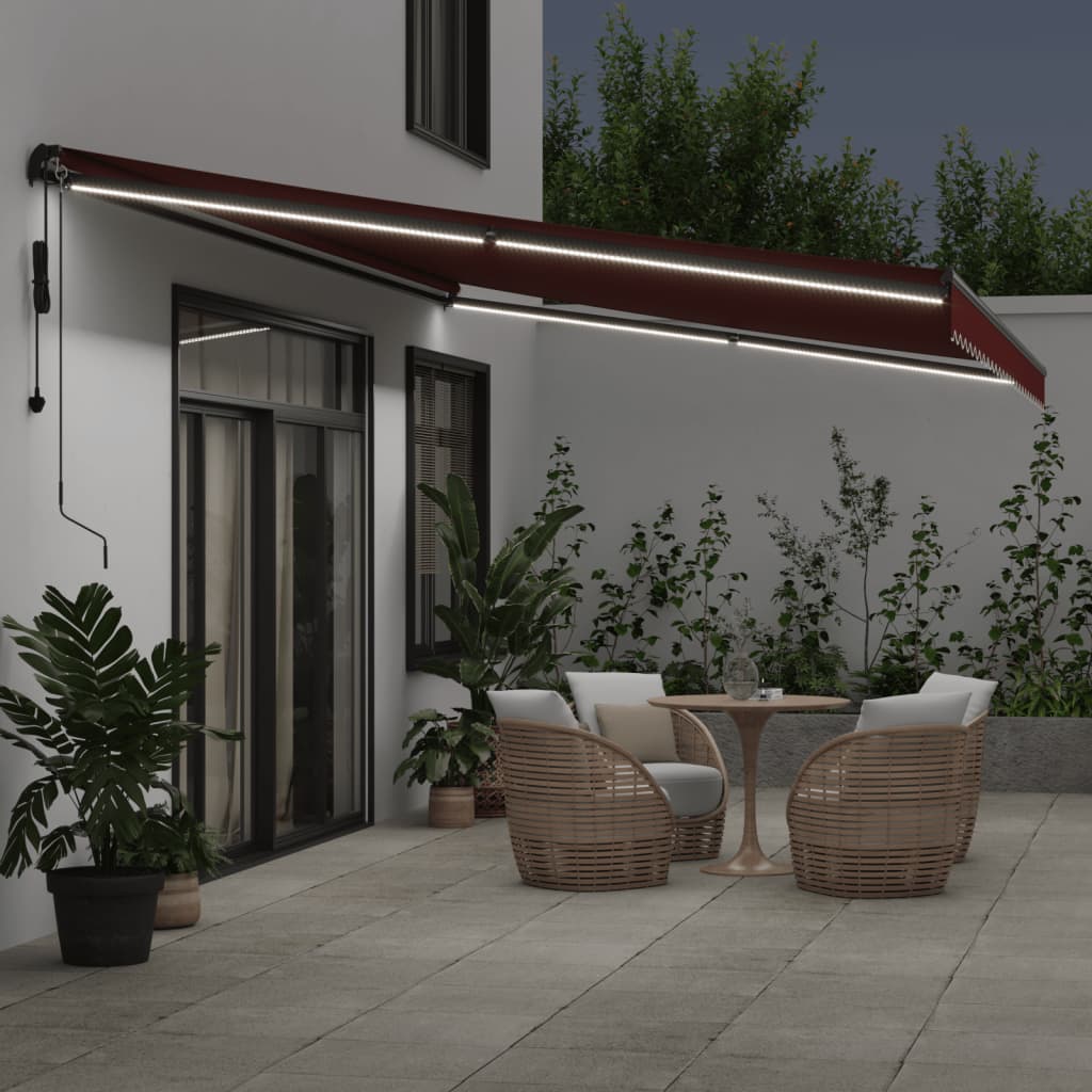 vidaXL Toldo retrátil automático com luzes LED 600x350 cm bordô