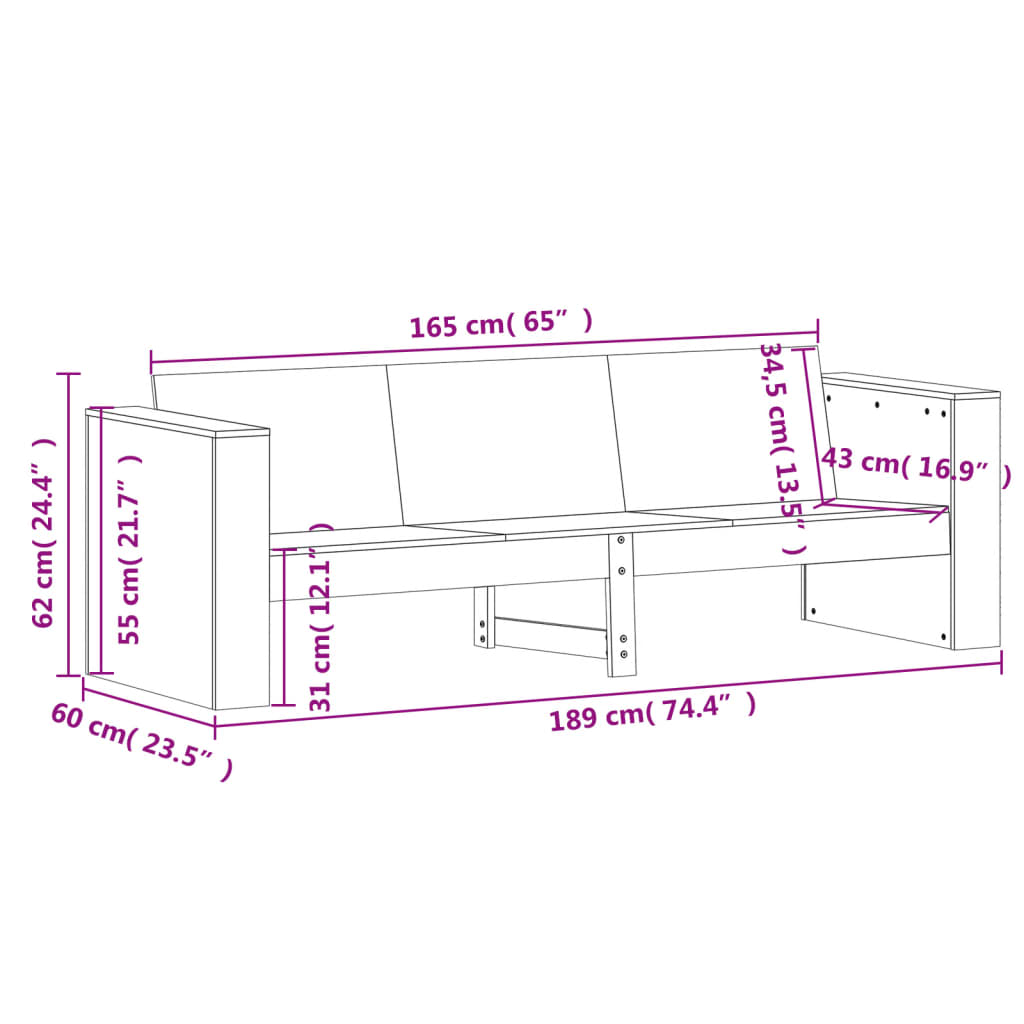 vidaXL Sofá de 3 lugares para jardim 189x60x62 cm pinho maciço