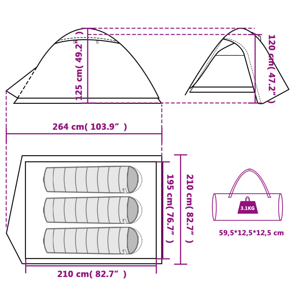 vidaXL Tenda de campismo p/ 2 pessoas tafetá 185T cinza/laranja