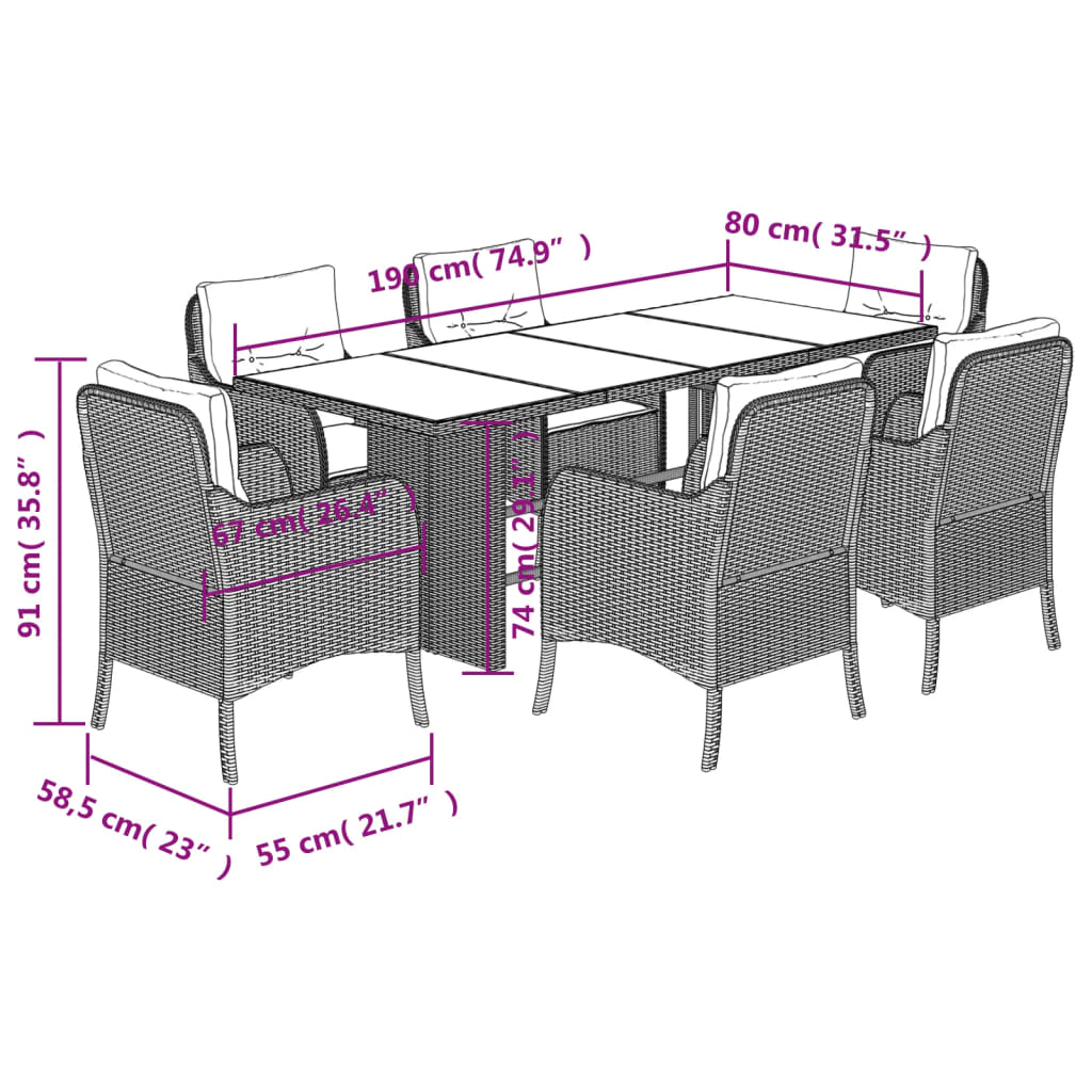 vidaXL 7 pcs conjunto jantar p/ jardim c/ almofadões vime PE castanho