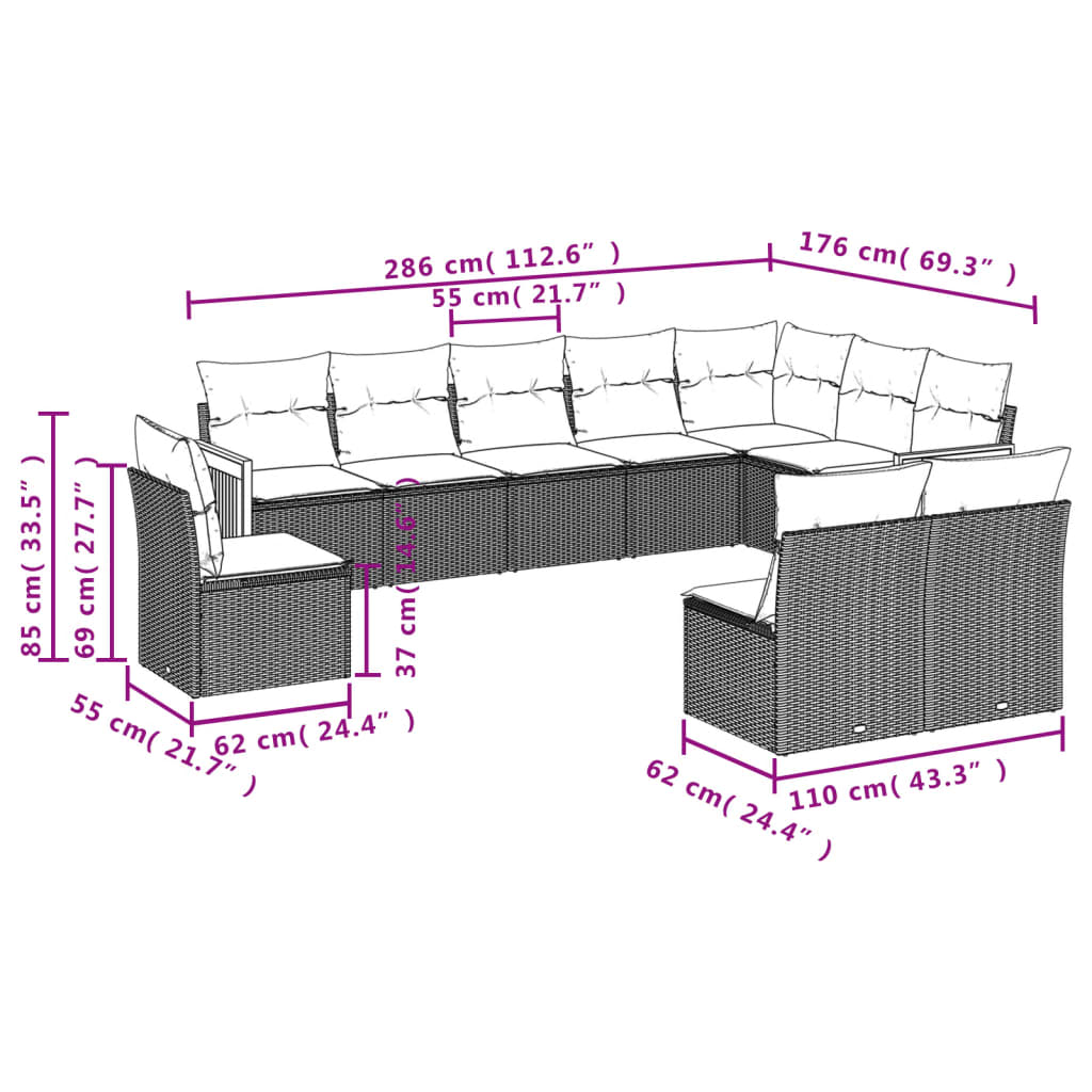 vidaXL 10 pcs conjunto sofás de jardim c/ almofadões vime PE cinzento