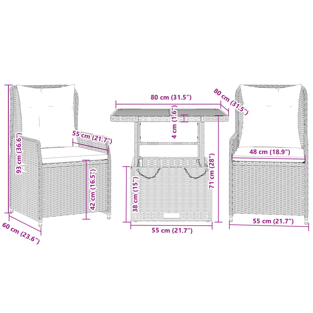 vidaXL 3 pcs conjunto bistrô com almofadões vime PE cinza