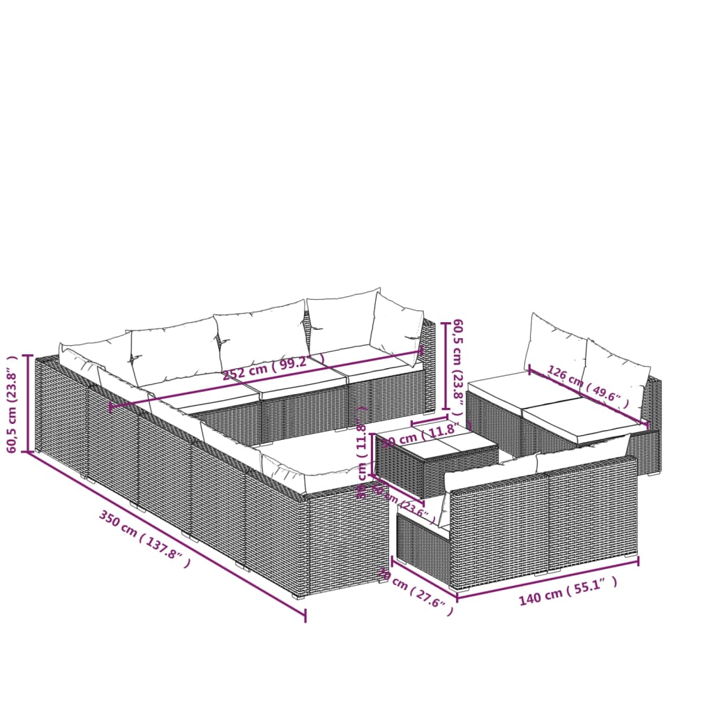 vidaXL 13 pcs conjunto lounge de jardim c/ almofadões vime PE preto