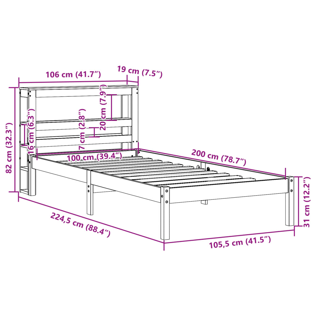 vidaXL Cama sem colchão 100x200 cm madeira de pinho maciça