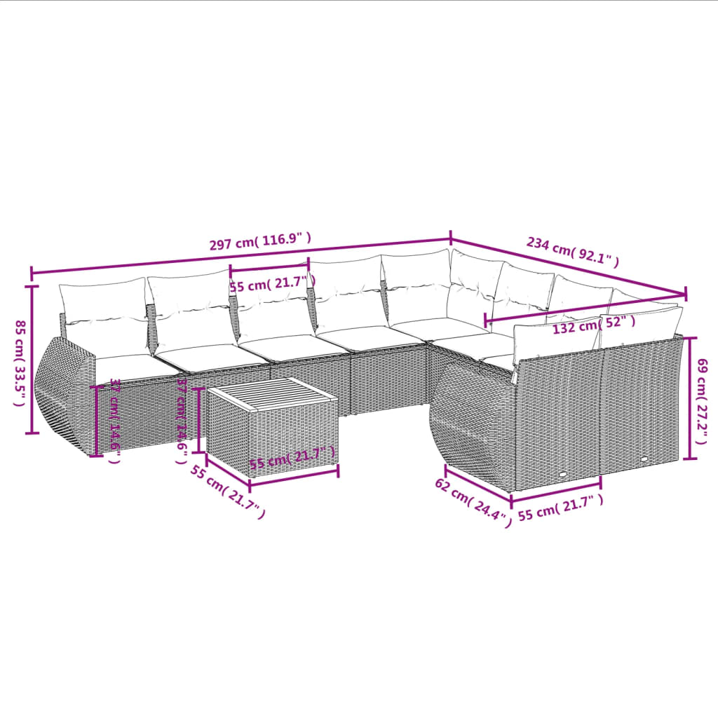 vidaXL 10 pcs conjunto de sofás p/ jardim com almofadões vime PE bege