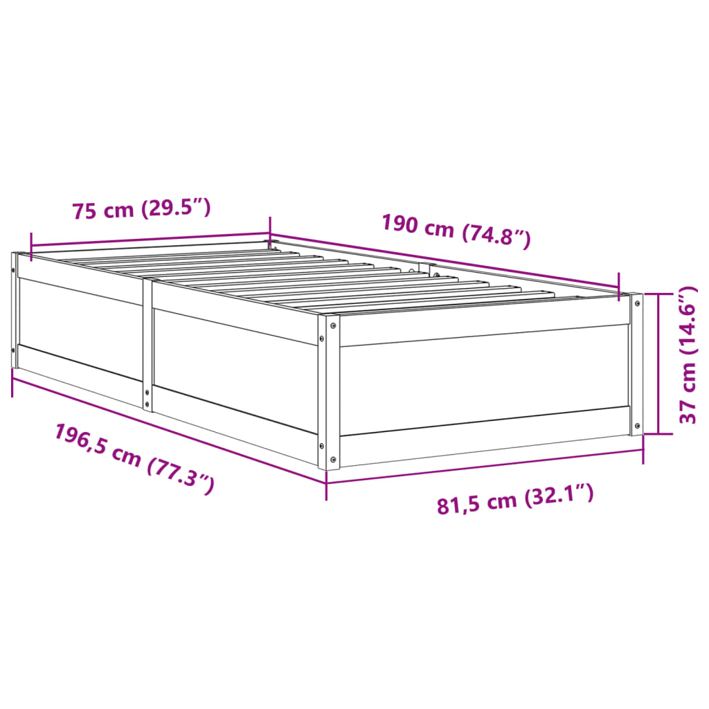 vidaXL Cama sem colchão 75x190 cm madeira de pinho maciça