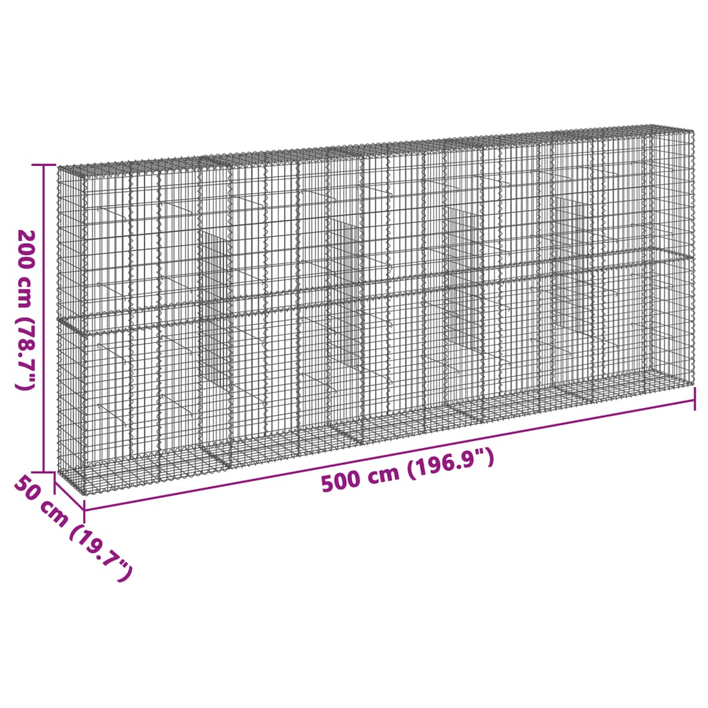 vidaXL Cesto gabião com cobertura 500x50x200 cm ferro galvanizado