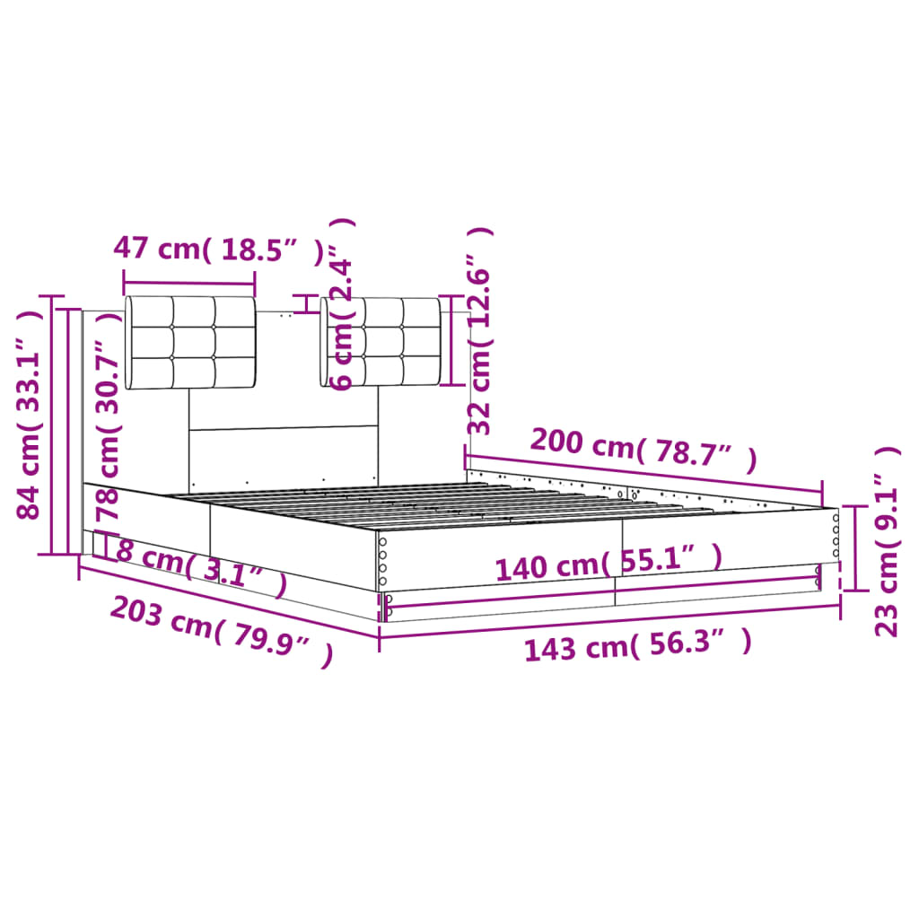 vidaXL Estrutura de cama com cabeceira e luzes LED 140x200 cm preto