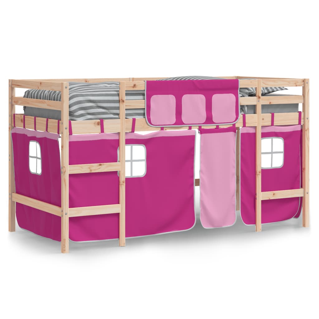 vidaXL Cama alta p/ criança c/ cortinas 90x200 cm pinho maciço rosa