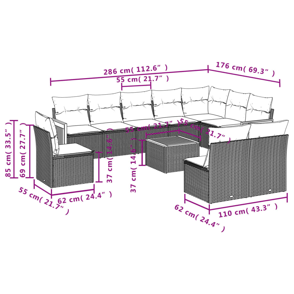 vidaXL 11 pcs conjunto sofás de jardim c/ almofadões vime PE bege