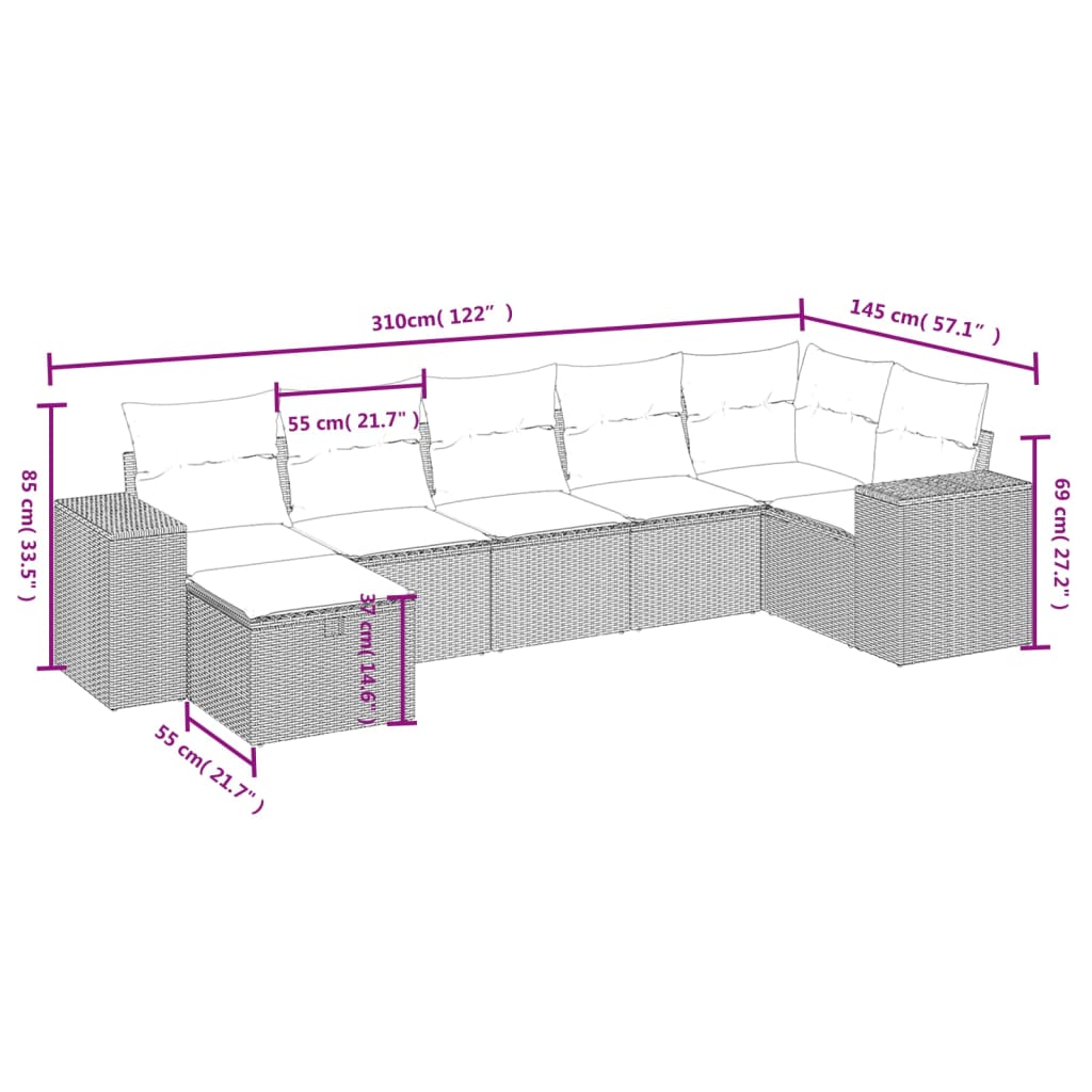 vidaXL 7 pcs conjunto sofás p/ jardim c/ almofadões vime PE cinzento