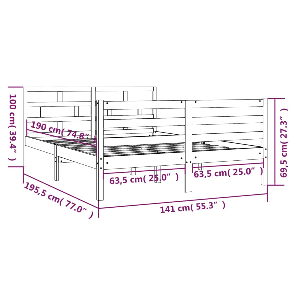 vidaXL Estrutura de cama casal 135x190 cm madeira maciça branco