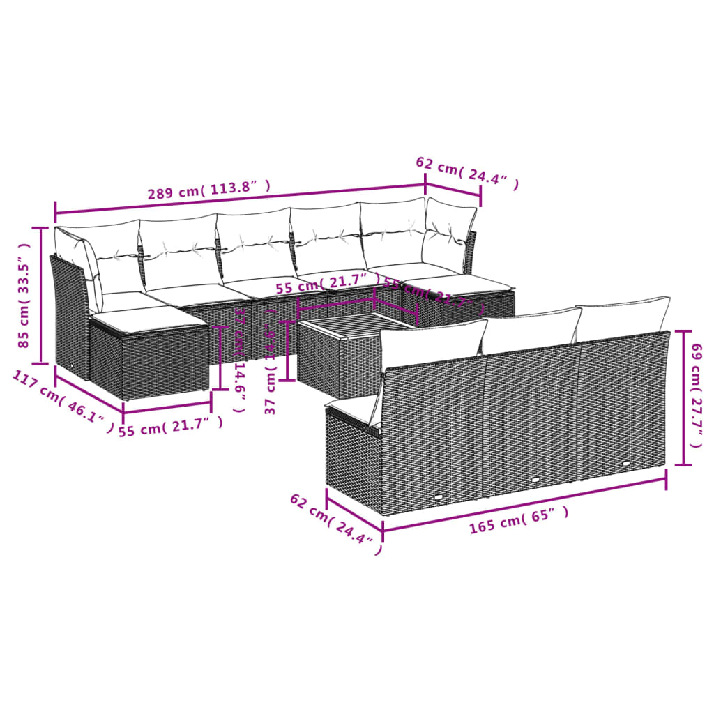 vidaXL 11 pcs conjunto sofás de jardim c/ almofadões vime PE cinzento