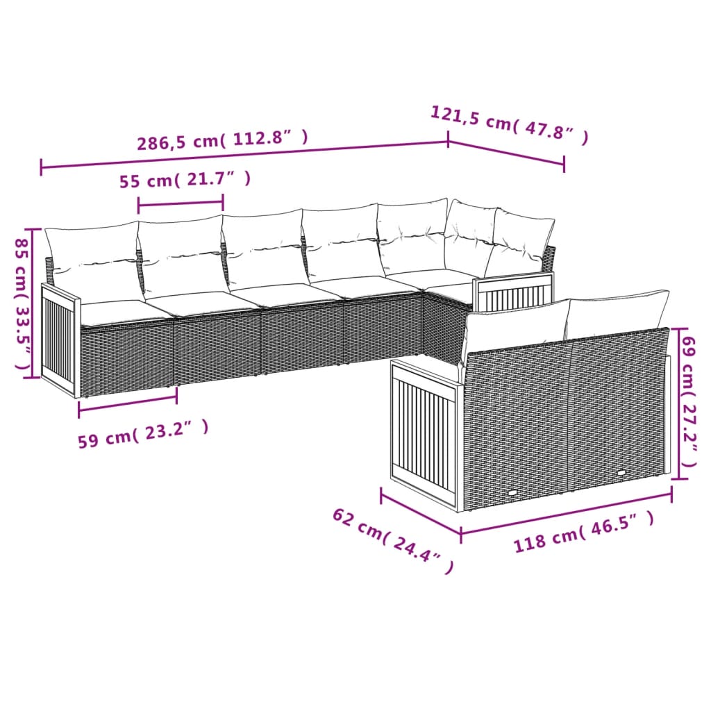 vidaXL 8 pcs conjunto sofás de jardim c/ almofadões vime PE cinzento