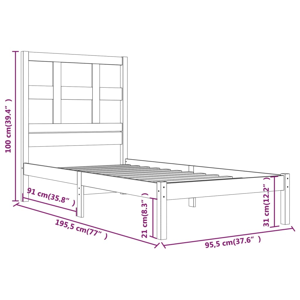 vidaXL Estrutura de cama solteiro 90x190 cm pinho maciço branco