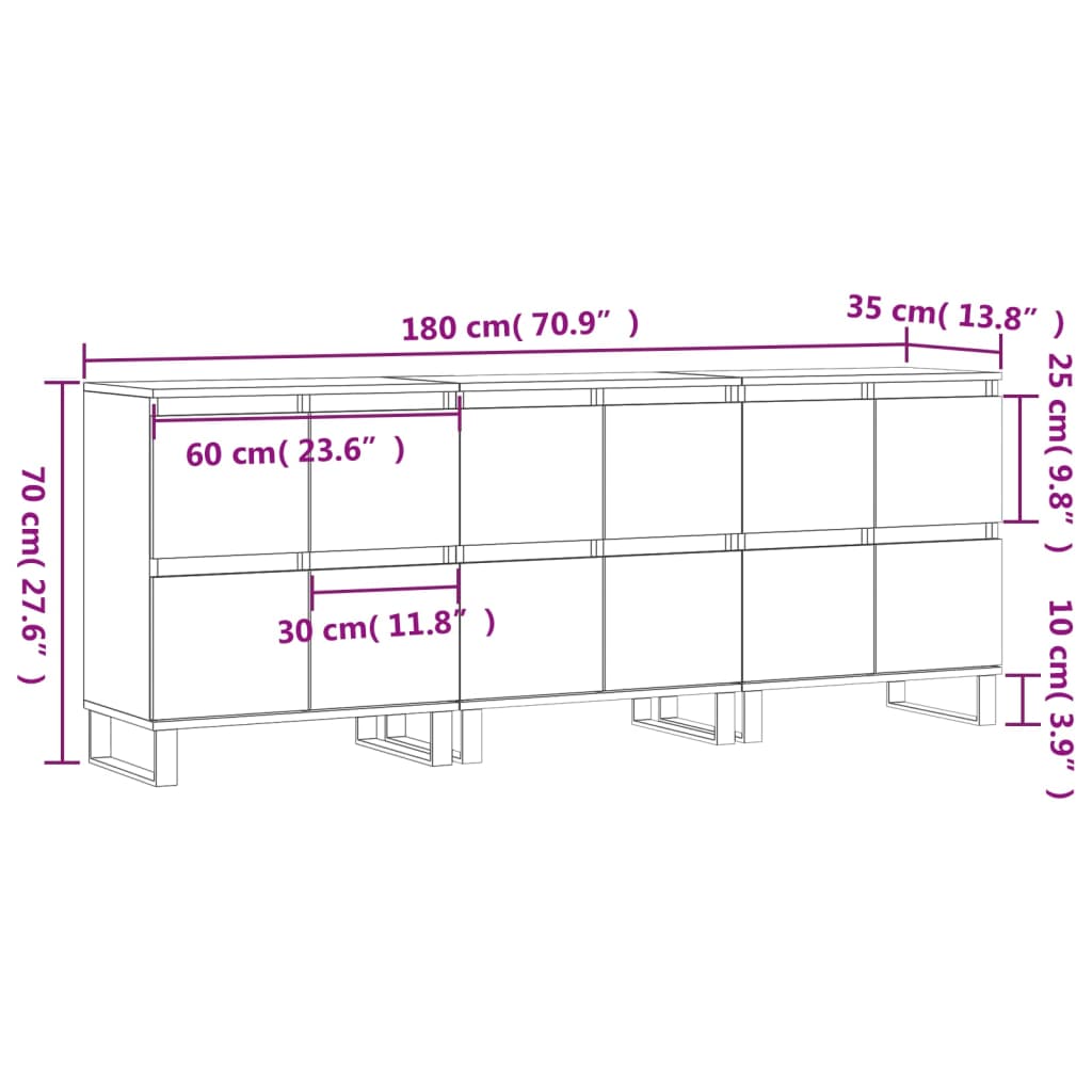 vidaXL Aparadores 3 pcs derivados de madeira preto