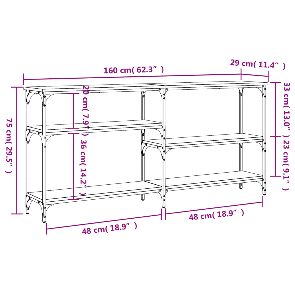 vidaXL Mesa consola 160x29x75 cm derivados de madeira cinzento sonoma