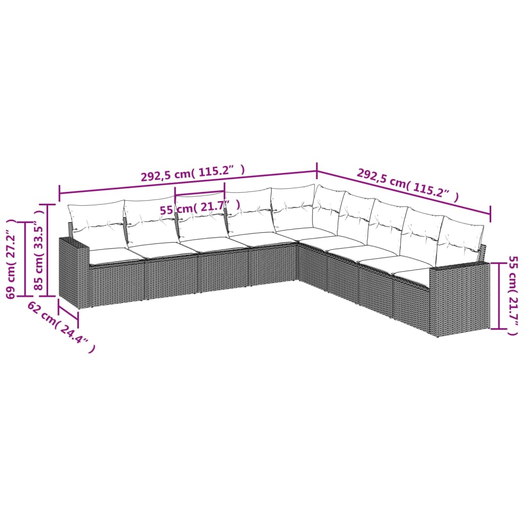 vidaXL 9 pcs conjunto sofás p/ jardim com almofadões vime PE cinzento