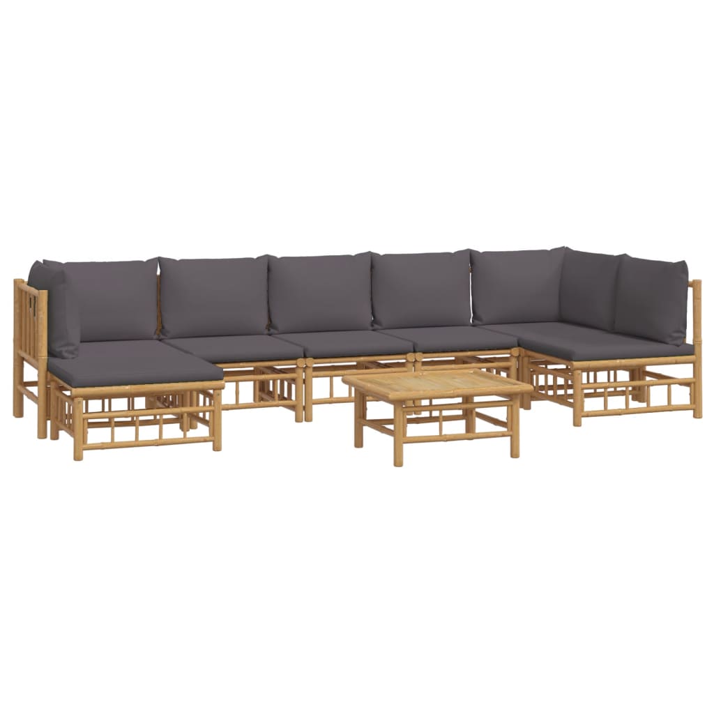 vidaXL 8pcs conj. lounge de jardim bambu c/ almofadões cinzento-escuro