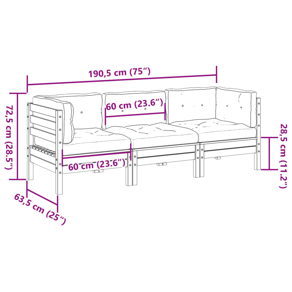 vidaXL 3 pcs conjunto sofás de jardim c/ almofadões pinho impregnado