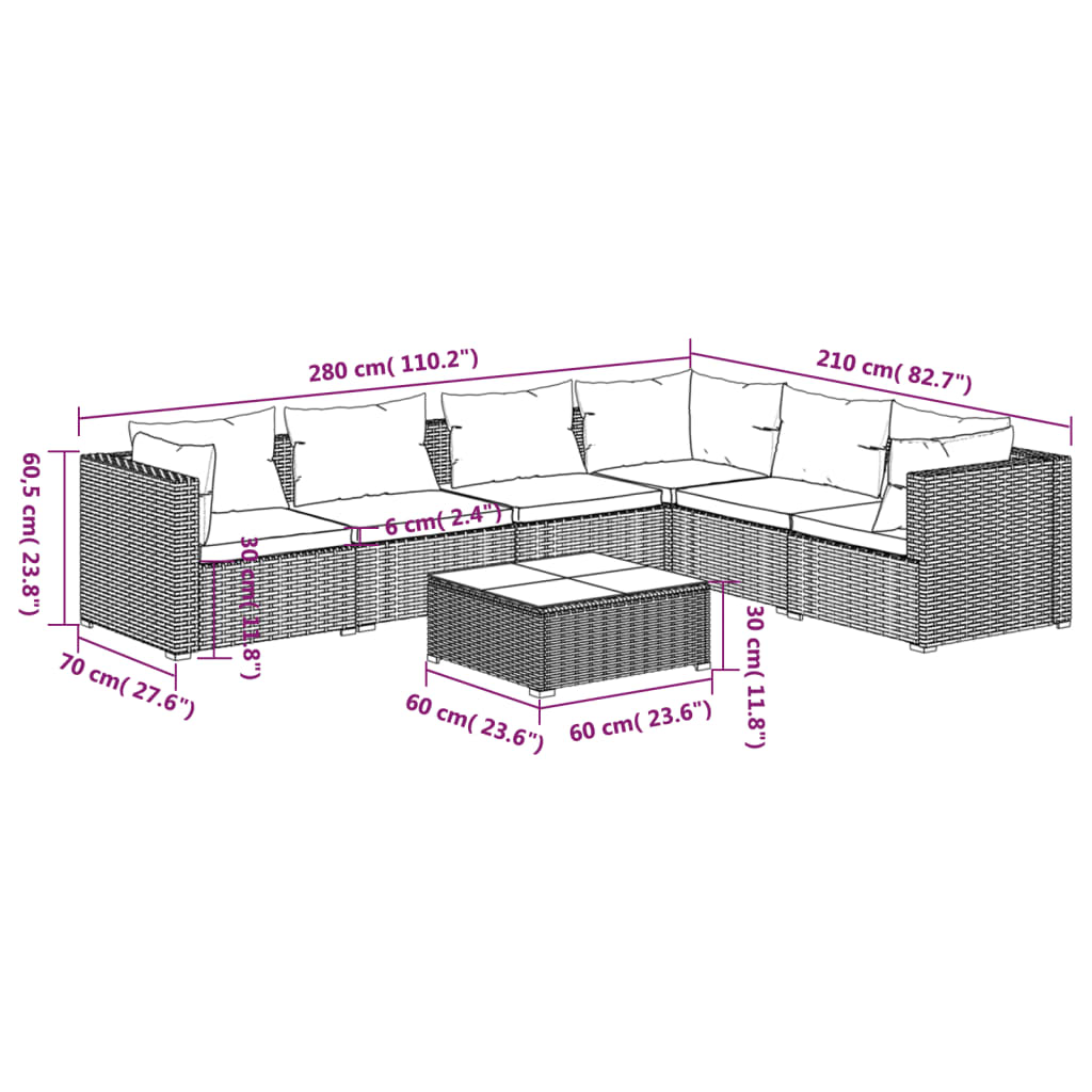 vidaXL 7 pcs conjunto lounge de jardim c/ almofadões vime PE cinzento