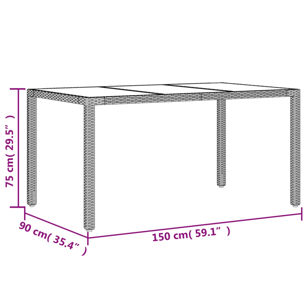 vidaXL Mesa de jardim com tampo de vidro 150x90x75 cm vime PE cinzento