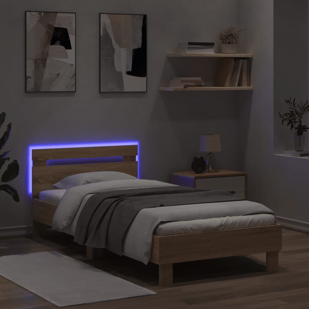 vidaXL Estrutura cama c/ cabeceira/luzes LED 90x200 cm carvalho sonoma