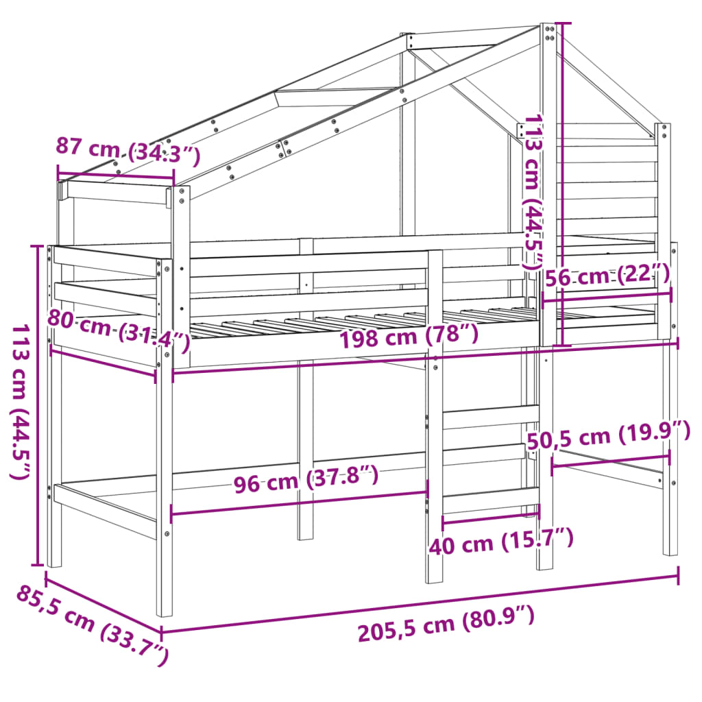 vidaXL Cama alta c/ escada e telhado 80x200 cm pinho maciço