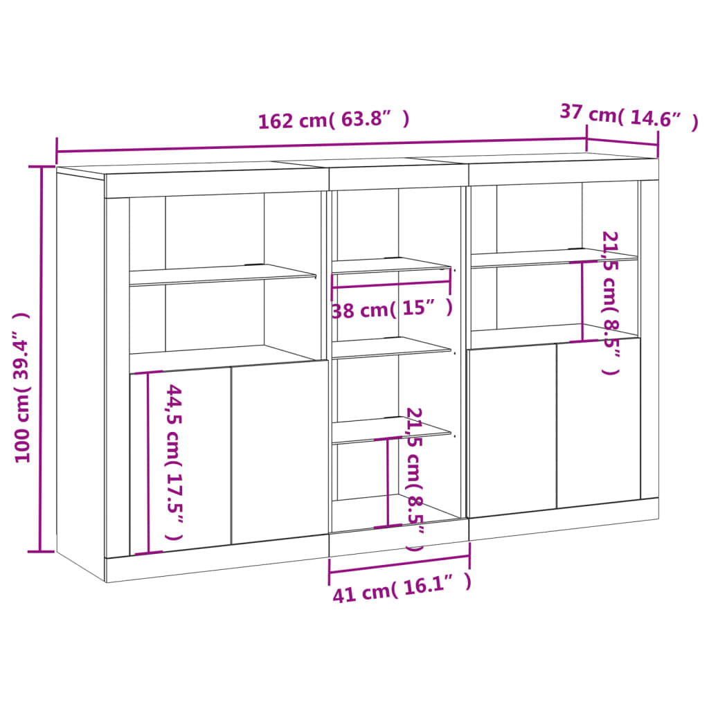 vidaXL Aparador com luzes LED 162x37x100 cm cinzento cimento