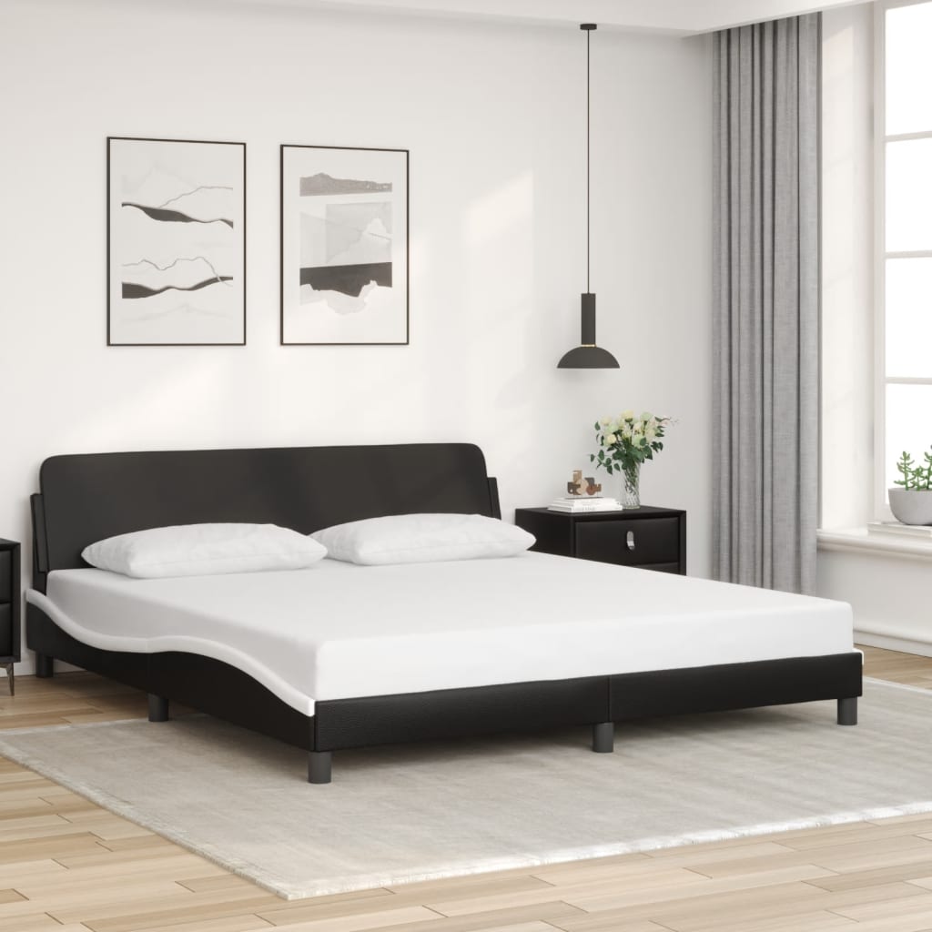 vidaXL Estrutura de cama c/ cabeceira couro artificial preto e branco